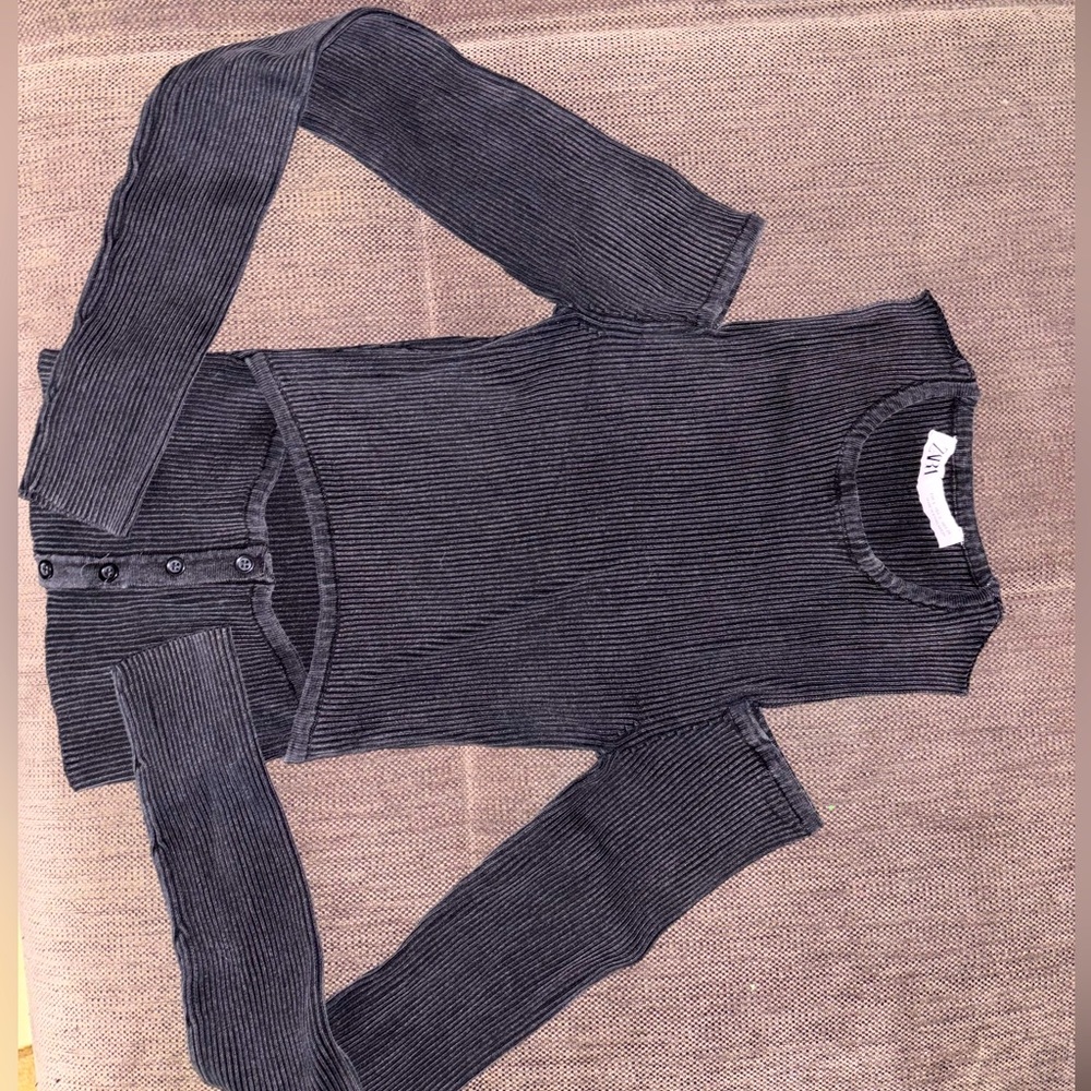 Zara off-the-shoulder black knit, acid wash top.